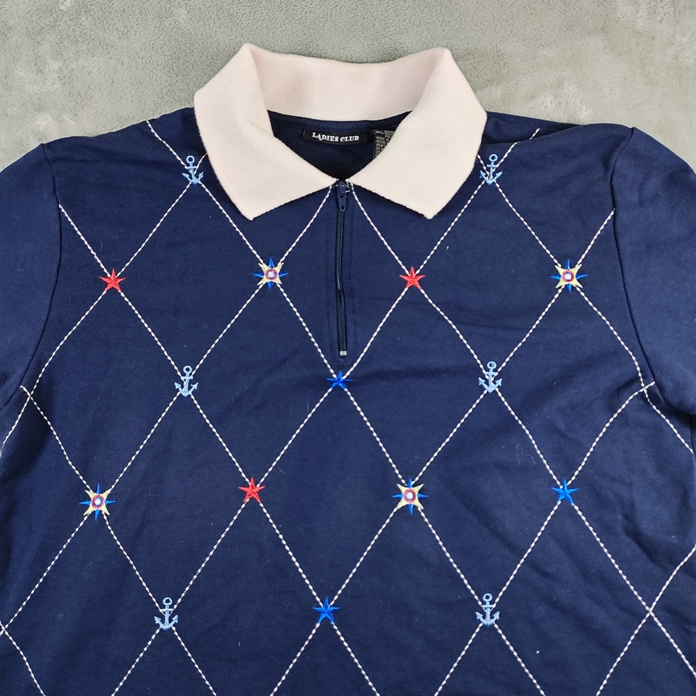 Vintage Nautical Polo Shirt Womens Large Blue Embroidered Quarter Zip Preppy 80s